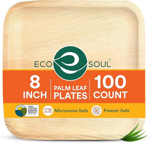 ECO SOUL Palm Leaf Like Bamboo Plates, 8 Inch Square, 100 Pack Bulk Disposable Appetizer & Dessert Tableware, Compostable Biodegradable Natural Wooden Small Party Plates for Wedding, Catering, Events