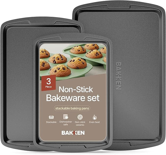 Bakken Swiss Cookie Sheet 3 Piece Set - Non-Stick, Stackable Baking Pans, Gray Deluxe Ceramic Coating – Dishwasher Safe - for Home Baking