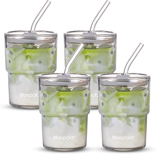 13oz/400ml Glass Water Tumbler with Straw and Lid Sealed Carry On Thick Wall Iced Coffee Cup Glass Cup for Water, Iced Tea Fruit Juice Etc (Aurora White-4Pack)