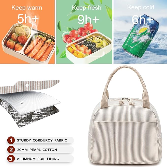 Bluboon Lunch Bag for Women Men Cute Corduroy Lunch Tote Bags Reusable Insulated Lunch Box Large Capacity Reusable Insulated Cooler for Work Picnic or Travel