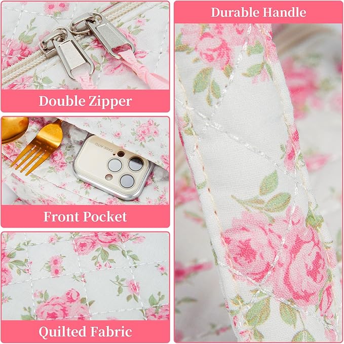 Quilted Lunch Box for Women,Coquette Aesthetic Lunch Box for Teen Girls,Cute Floral Lunch Bags for Work, School,Office,Picnic,Travel (Big Pink Floral)