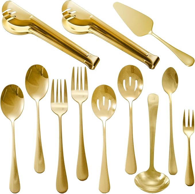 Gold Serving Utensils, 12 Pcs Stainless Steel Buffet Serving Utensil with Serving Spoon Slotted Spoons Serving Forks Soup Ladle Serving Tongs Pie Server, Utensils Set Great for Banquet
