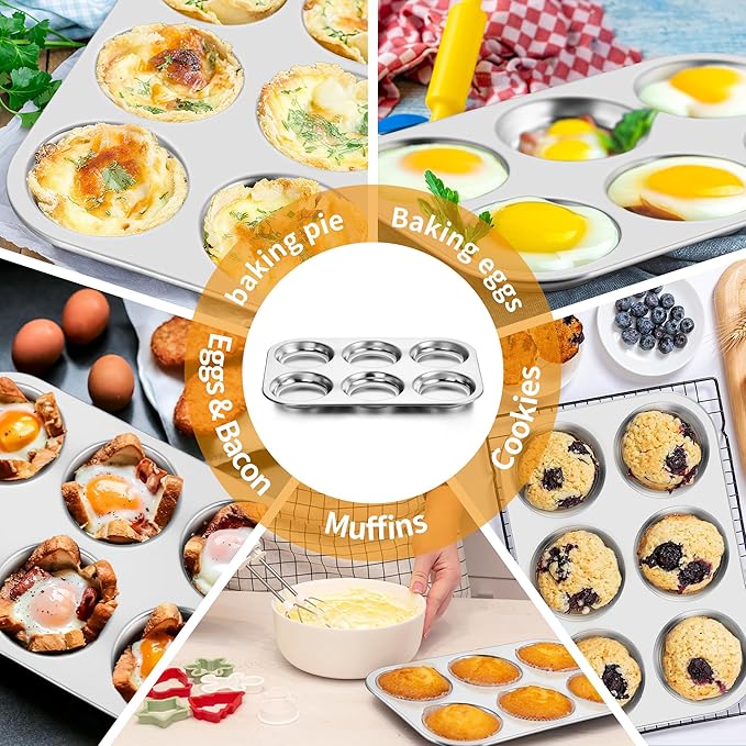 P&P CHEF Muffin Top Pan Set of 1, Stainless Steel 6-Cavity Shallow Cupcake Pans, Standard Bakeware for Eggs, Whoopie Pies, Cornbread, Cookies, Yorkshire Pudding, Easy Clean & Oven Safe, Silver