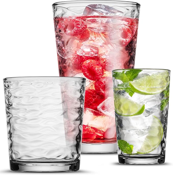 Biscayne 18-Piece Family Drinking Glasses Set - Drinking Glassware Set with Highball Cooler, DOF (Double Old Fashioned), and Juice Glasses - 6 Each