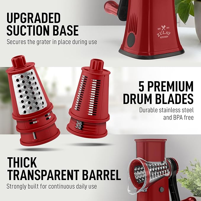 Zulay Kitchen Rotary Cheese Grater 5 Blade Cheese Shredder - Manual Hand Crank Cheese Grater With Reinforced Suction & 5 Interchangeable Drums - Easy to Use, Vegetable Chopper Round Mandoline Slicer