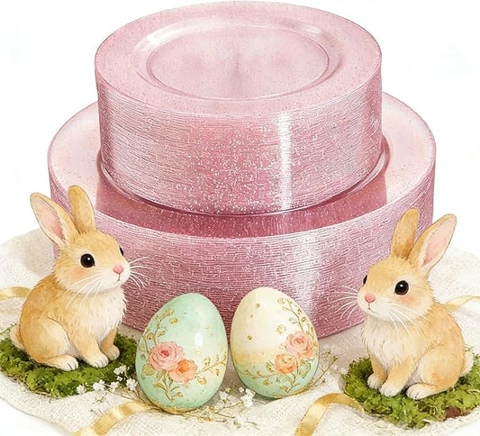 WDF 120pcs Pink Plastic Plates Disposable - Clear Pink Glitter Plates including 60PCS Dinner Plates 10.25inch and 60PCS Salad Plates 7.5inch for Wedding Baby Shower Spring Birthday