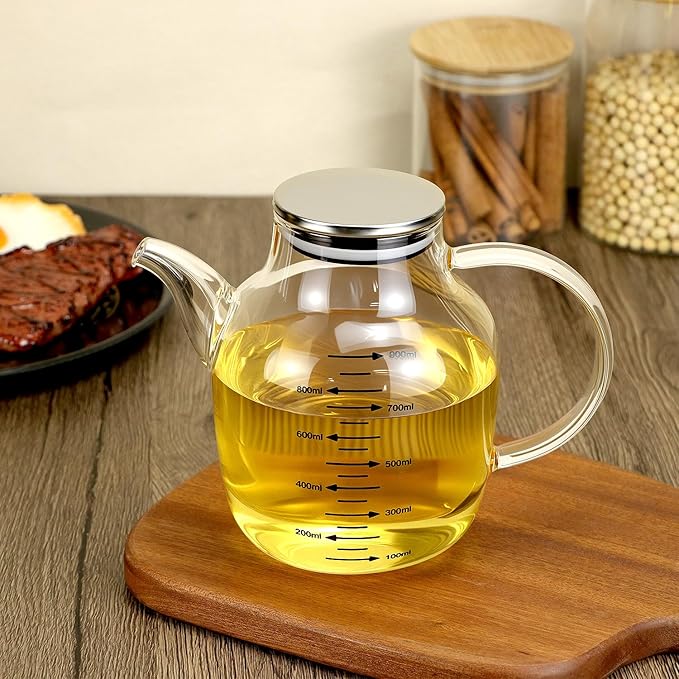 QWORK 900ML/30Oz Large Glass Cooking Oil Bottle with Stainless Steel Lid, Oil & Vinegar Dispenser Bottle, Kitchen No Drip Liquid Container