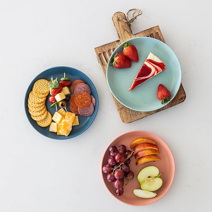 Grow Forward Premium Wheat Straw Plates - 8 Inch Reusable Hard Plastic Dinner Plates Set of 8 - Unbreakable Microwave Safe Plates for Dessert, Camping, RV, Outdoors, Patio, Kitchen Dishes - Tropical