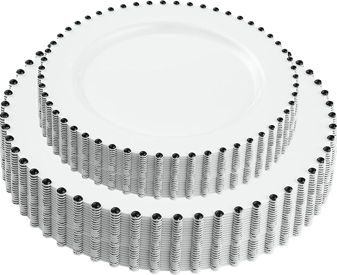 PLASTICPRO 64 Piece Combo Plastic Dinner Plates Disposable Plastic Fancy Heavy Duty Party Dishes 7 inch and 10 inch, White and Black Beaded