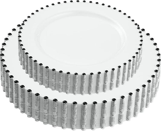 PLASTICPRO 64 Piece Combo Plastic Dinner Plates Disposable Plastic Fancy Heavy Duty Party Dishes 7 inch and 10 inch, White and Black Beaded