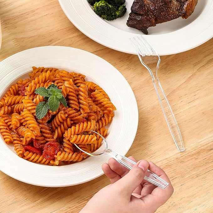 [400 Count] Clear Plastic Forks and Spoons Set Bulk - Heavy Duty Disposable Spoons and Forks Silverware, Plastic Utensils Cutlery Set for Party (Pack of 2)