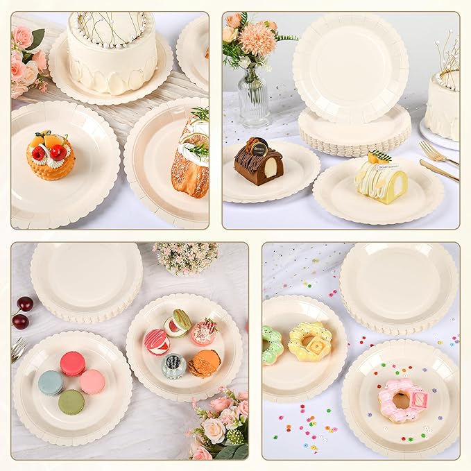 30 Pcs Ivory Paper Plates, 9 Inch Cream Scalloped Dessert Plates Disposable Ivory Dinner Paper Plates Wedding Plates Party Supplies for Baby Shower, Wedding, Bridal Shower, Birthday Party