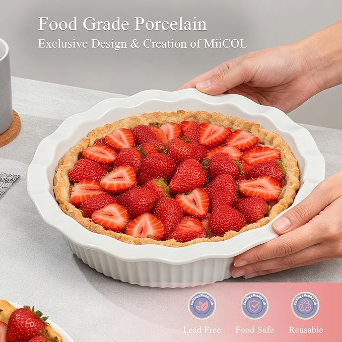Miicol White Ceramic Pie Pan, 50 oz Ripple Edge Deep Baking Dish, 9 Inch Round Ceramic Pie Plate, Suitable for Quiche, Apple Pie, Meat Pie, Ideal Gift for Baking Lovers