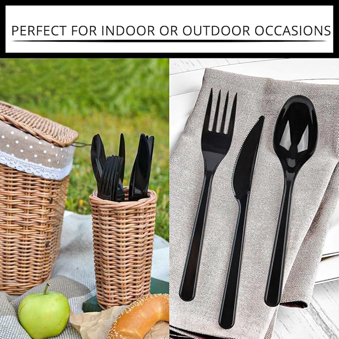 PARTY BARGAINS Onyx Settings Black Plastic Cutlery Set 720‑Piece – 360 Forks, 240 Spoons, 120 Knives – Heavy‑Duty Disposable Utensils for Parties, Weddings, Buffets, BBQs & Catering – BPA Free