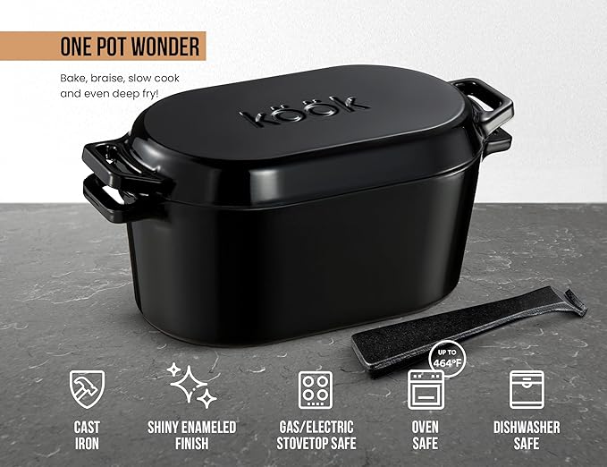 KooK Enameled Cast Iron Dutch Oven for Sourdough Bread Baking - 3.4 Qt Pot with Lid for Even Heat Distribution - Includes Lid Lever