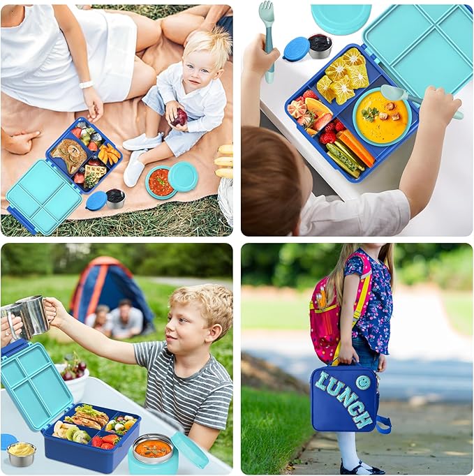 Kids Bento Lunch Box with 8oz Soup Thermo, Kids Leakproof Lunch Food Containers with 4 Compartment,Insulated Hot Food Jar with Lunch Bag for School, Travel (Blue)