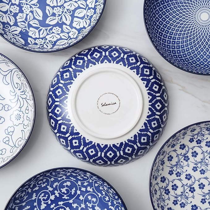 Selamica Ceramic Pasta Bowls Set 34 OZ, Large Salad Bowls 8.6 Inch Dinner Bowls for Kitchen, Wide Shallow Bowls Deep Plates for Pasta Soup, Microwave & Dishwasher Safe, Set of 6, Vintage Blue