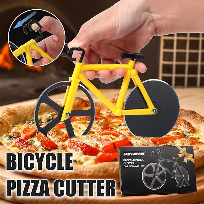 Bicycle Pizza Cutter Wheel - Gifts for Cyclists, Men, Dad, Bike Lovers - Funny Kitchen Gadgets - Cool Father’s Day, Christmas, Birthday, White Elephant Gifts - Stainless Steel Pizza Slicer(Yellow)