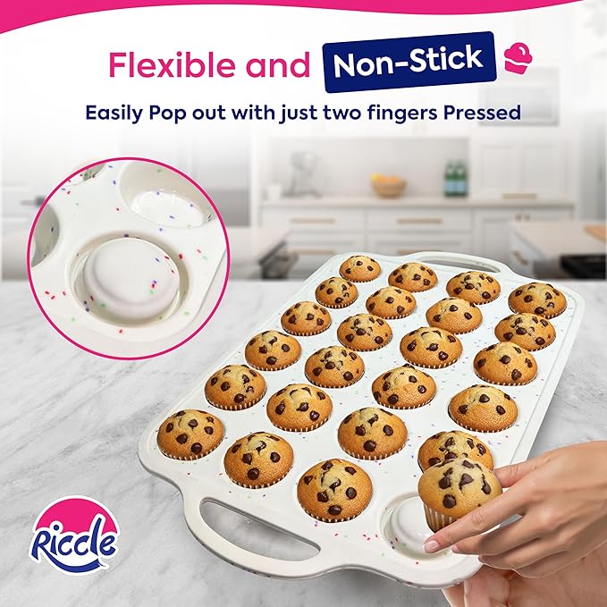 RICCLE 2 Pack Silicone Mini Muffin Pans for Baking with Metal Reinforced Frame, 24-Cup Mini Muffin Pan, Mini Cupcake Pans, Silicone Muffin Pan for Baking Egg Bites - Oven & Dishwasher Safe, BPA-Free