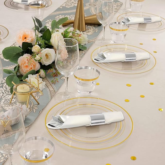 50 Pack Pre Rolled Silver Plastic Silverware Set,Wrapped Plastic Cutlery Set with Napkin Include 50 Forks,50 Spoons,50 Knives and 50 White Napkins for Party, Wedding,Christmas