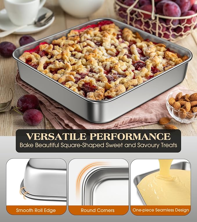 9 x 9-Inch Baking Pan with lid, 304 Stainless Steel Square Cake Pan, Commercial Grade Bakeware for Cakes Brownies Casseroles, Thicker Rectangle Sheet Cake Pans, Non-toxic & Heavy Duty &Dishwasher Safe