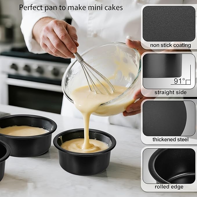 4-Inch & 6-Inch Cake Pan Set, Set of 2, Round Baking Pan, Carbon Steel Birthday Wedding Metal Layer Cake Pans, Non Toxic Coating, Straight Side, Easy Clean Easy Release, 2 Inch Deep