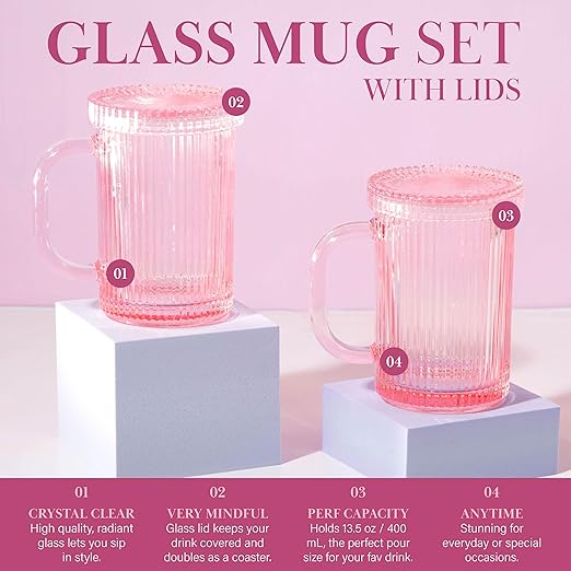 Paris Hilton Ribbed Glass Mug Set with Dual Use Lid/Coaster, Elegant Fluted Glassware, Perfect for Coffee, Tea or any beverage, Set of 2, 13.5-Ounce, Pink