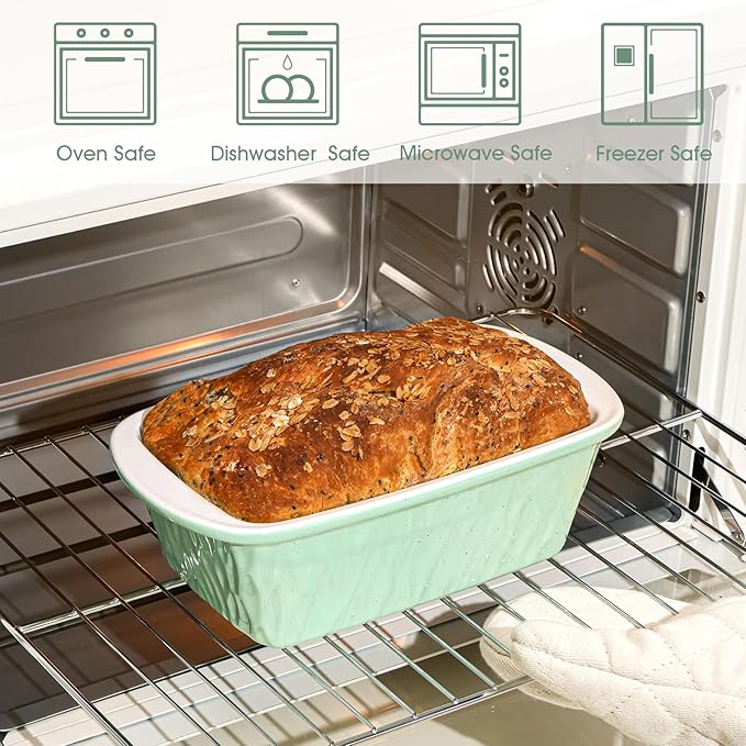 NUTRIUPS 9 x 6 Inch Rectangular Ceramic Loaf Pan for Baking Bread (Green)