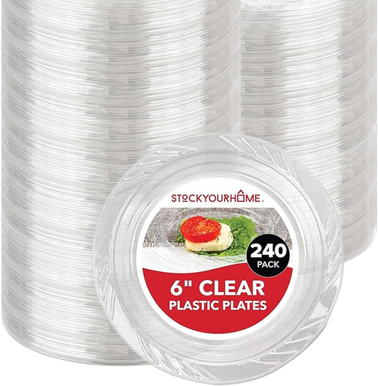 Stock Your Home 6-Inch Plastic Dessert Plates (240 Pack) - Flexible Disposable Plates for Dessert & Appetizers, Crystal Clear Small Plates for Parties & Catering