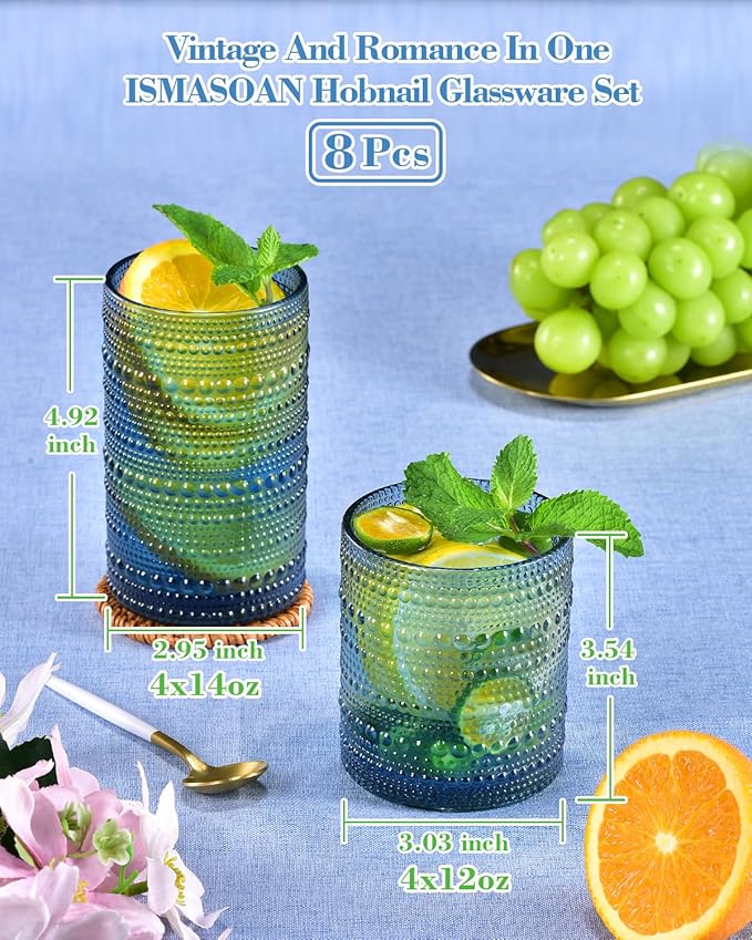 Hobnail Drinking Glasses Set of 8, Blue Vintage Glassware 14 oz and 12 oz, Glass Cups, Cups for Kitchen, Bar Glasses for Beer, Juice, Cocktail, Whiskey, Milk