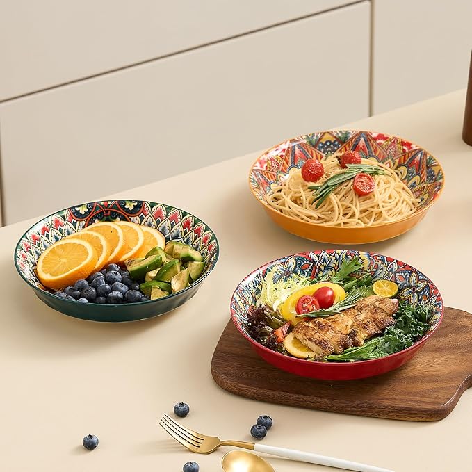 Ceramic Pasta Bowls Set of 6-8 inch 32 oz Serving Bowls, Colorful Dinner Bowls for Soup,Salad, and Pasta, Kitchen, Microwave, Dishwasher Safe, mexican, Bohemian Style