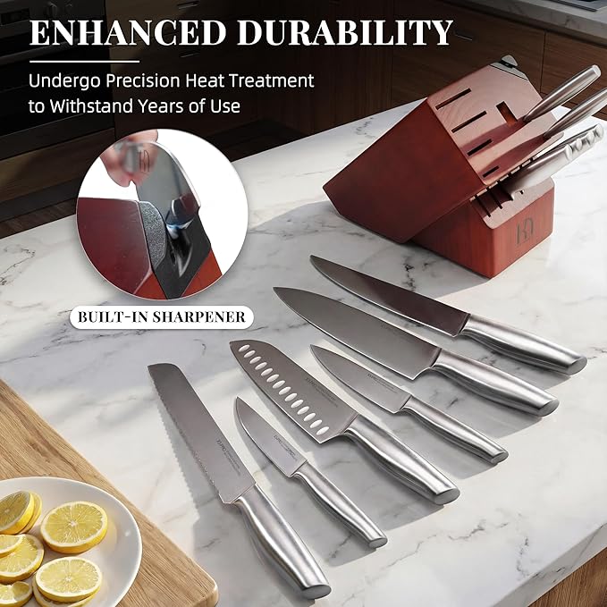 Knife Set Premium, Japanese High Carbon Stainless Steel 14 Pcs Kitchen Knives Block Set with Built-in Sharpener and Wood Block, Razor Sharp Knife Sets for Kitchen with Ergonomic Handle