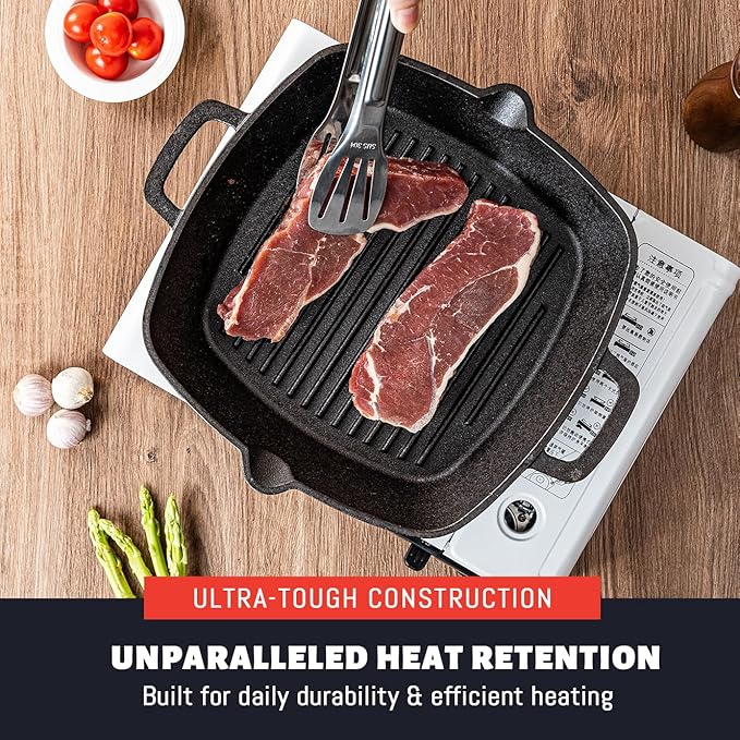 Cast Iron Grill Pan for Stove Top, 10 Inch Pre-Seasoned Cast Iron Skillet & Griddle Pan, Indoor Grill Pan for Steak, Bacon & Frying, Compatible with Gas, Electric, Induction Cooktops