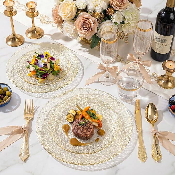 Rubtlamp 60Pcs Gold Glitter Plastic Plates, Heavy Duty Glitter Disposable Plates with Hammered Design, Include 30 Dinner Plates and 30 Salad Plates for Spring, Easter, Weddings and Parties