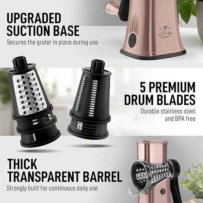 Zulay Kitchen Rotary Cheese Grater 5 Blade Cheese Shredder - Manual Hand Crank Cheese Grater With Reinforced Suction & 5 Interchangeable Drums - Easy to Use, Vegetable Chopper Round Mandoline Slicer