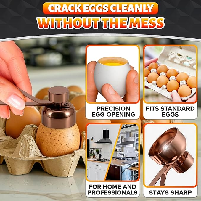 Egg Cracker Tool for Raw Eggs — Egg Shell Opener for Soft-Boiled Shell Tops, Stainless Steel Topper with Ergonomic Adjustable Effort — Clean Cut Design for Breakfast Prep, Custards, & Baking (Copper)