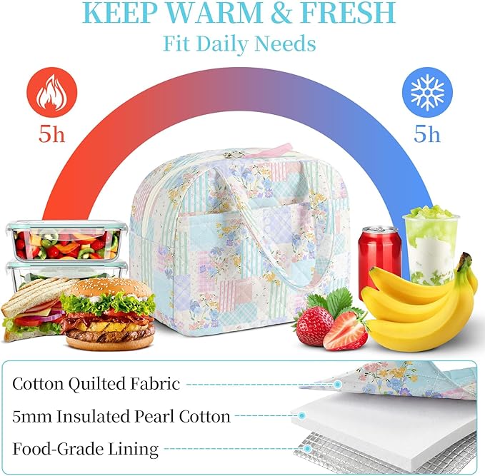 Quilted Lunch Box for Women,Coquette Aesthetic Lunch Box for Teen Girls,Cute Floral Lunch Bags for Work, School,Office,Picnic,Travel (Colorful Patchwork)