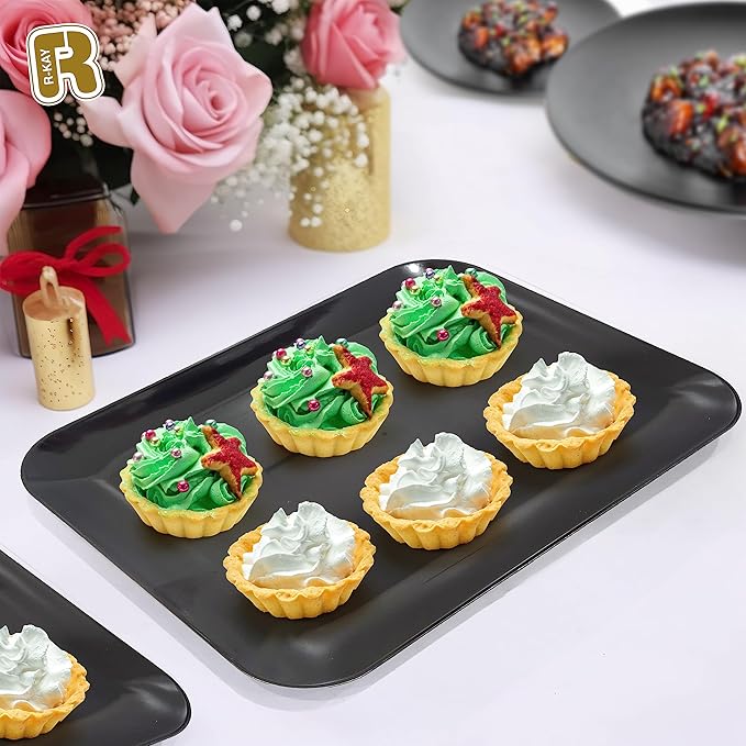 3 Pack Black Plastic Serving Trays for Party - Black Serving Tray 8 x 11 Inch - Heavy Duty Dessert Trays for Food - Rectangular Party Serving Trays for Entertaining