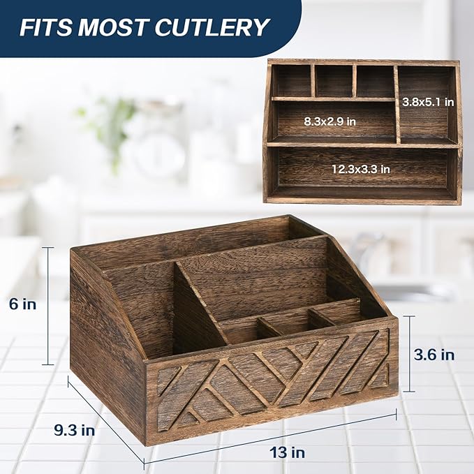 Paper Plate Dispenser, Paper Plate Holder for Kitchen Counter, Wood Rustic Silverware Utensil Caddy, Cutlery Flatware Organizer Box for Cups Spoons Forks Plates Napkins, Kitchen Accessories