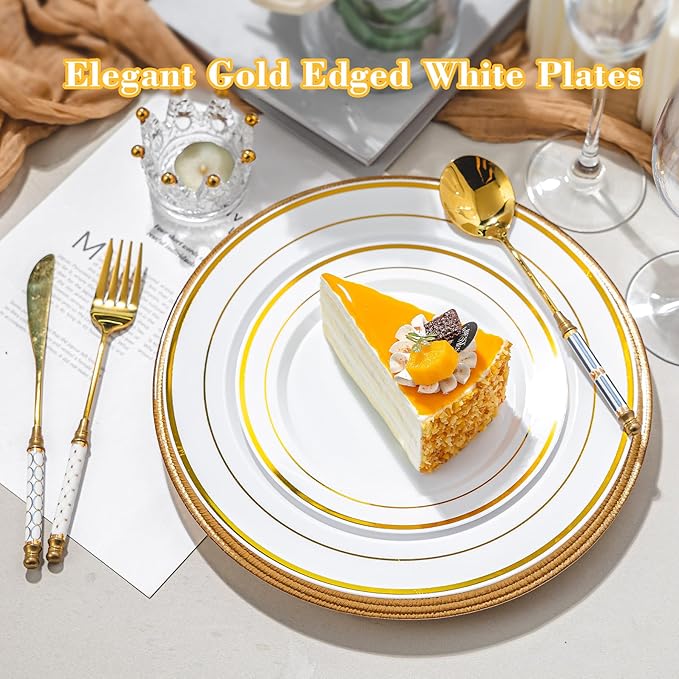 200PCS Gold Plastic Plates, Disposable Party Plates with Gold Rim, Include 100 Dinner Plate and 100 Elegant Dessert Plate for Party and Wedding