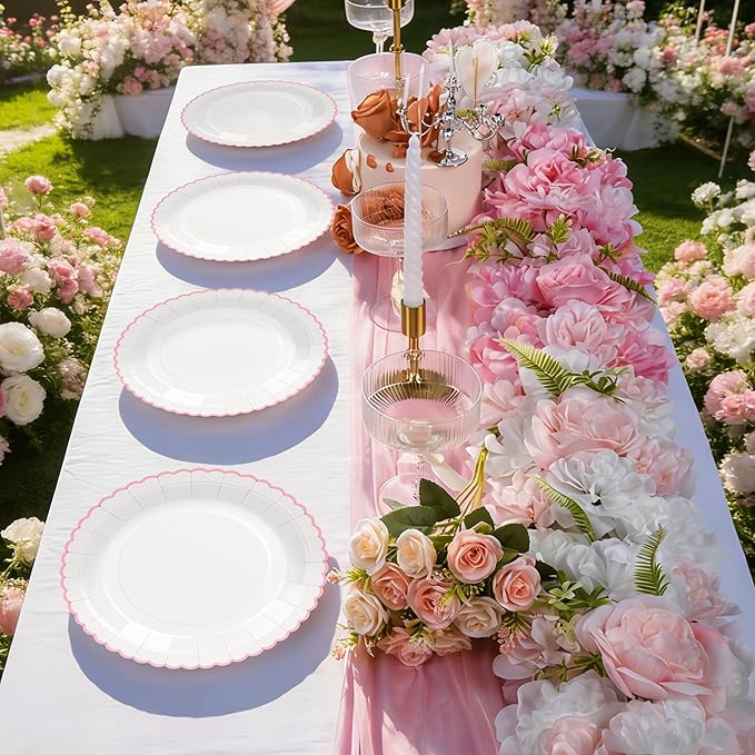 30 Pcs Pink and White Paper Plates, 9 Inch White Party Plates, Pink Scalloped Dinner Paper Plates Wedding Plates Party Supplies for Baby Girl Shower, Wedding, Mother's Day, Birthday, Easter Party