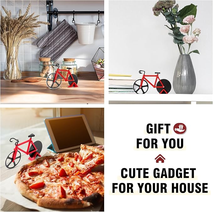 Bicycle Pizza Cutter Wheel - Gifts for Cyclists, Men, Dad, Bike Lovers - Funny Kitchen Gadgets - Cool Father’s Day, Christmas, Birthday, White Elephant Gifts - Stainless Steel Pizza Slicer(Red)