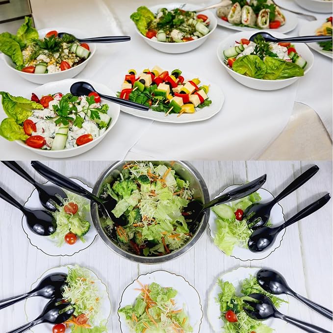 20Pcs Black Plastic Serving Spoons and Forks 10'' Large Serving Utensils Heavy Duty Disposable Spoon for Catering Supplies Buffet Restaurant Party, Weddings, Salad Noodles