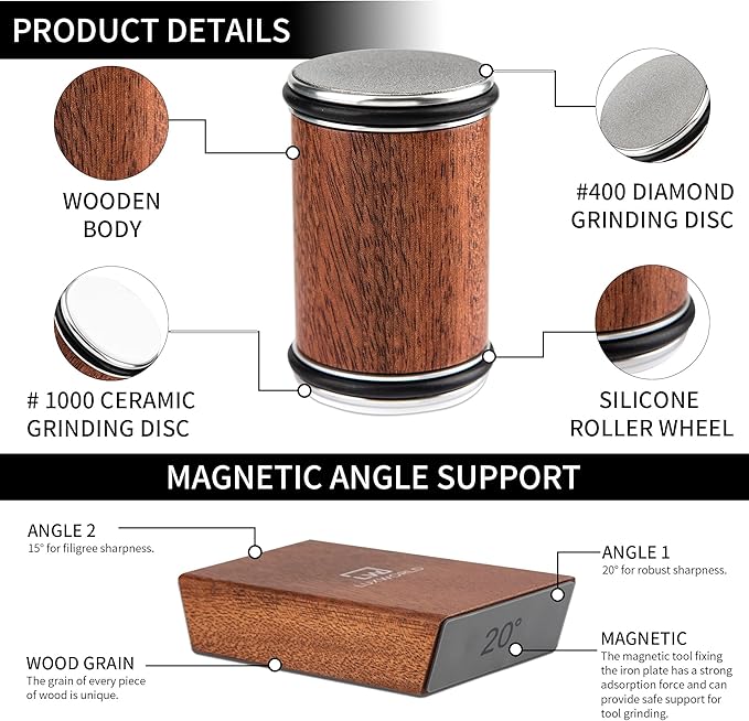 Premium Rolling Knife Sharpener – Diamond & Ceramic Disc Knife Sharpener for Kitchen & Pocket Knives – Manual Sharpening Tool with Magnetic Angle Base 15° & 20° – Professional Razor Edge Tool (Brown)