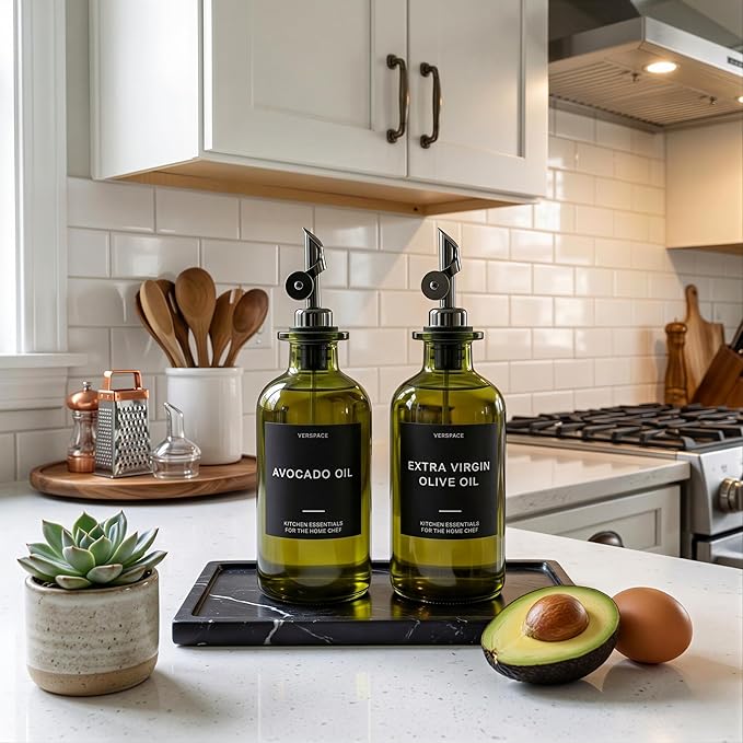 UV-Protected Green Glass Olive Oil Dispenser Bottles For Kitchen - Includes 40 Kitchen Essential Labels, Avocado Oil Dispenser Set, Modern Decor for Home, Airbnb, Cafe Set of 2