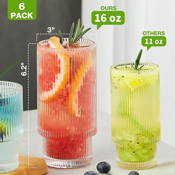 6 Pack Ribbed Drinking Glasses, 16 oz Vintage Glass Cups, Highball Glasses, Premium Iced Coffee Glasses, Clear Glass Tumbler, Cocktail Glasses, Elegant Glassware for Water Juice Whiskey Beer