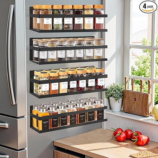 Magnetic Spice Rack for Refrigerator Seasoning Organizer for Spice Fridge Shelf storage Magnetic Shelf with Hook for Oven(6pack) (4Pack-Cut out-black)