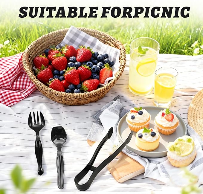 36PCS 9'' Plastic Serving Utensils Set Large Disposable Serving Spoons Forks Tongs for Serving Food Heavy Duty Black Large Party Utensils Supplies for Buffet Restaurant Dinner Salad Noodles Soup