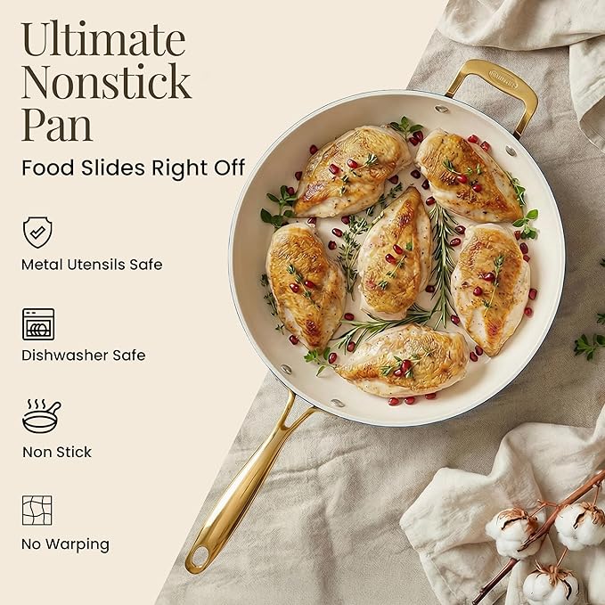 Gotham Steel 14 Inch Non Stick Frying Pans, Family Sized Non Stick Skillet, Large Frying Pan Nonstick Frying Pan, Induction Pan, Nonstick Pan for Cooking, Oven Safe Skillet, Dishwasher Safe–Cream Navy