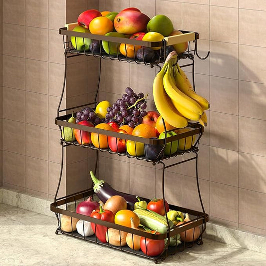 2 Tier Large Fruit Basket for Kitchen Counter with 2 Mobile Banana Hangers, 2026 Pro Detachable Metal Fruit Bowl with Wooden Handle (Brown, 3 Tier)